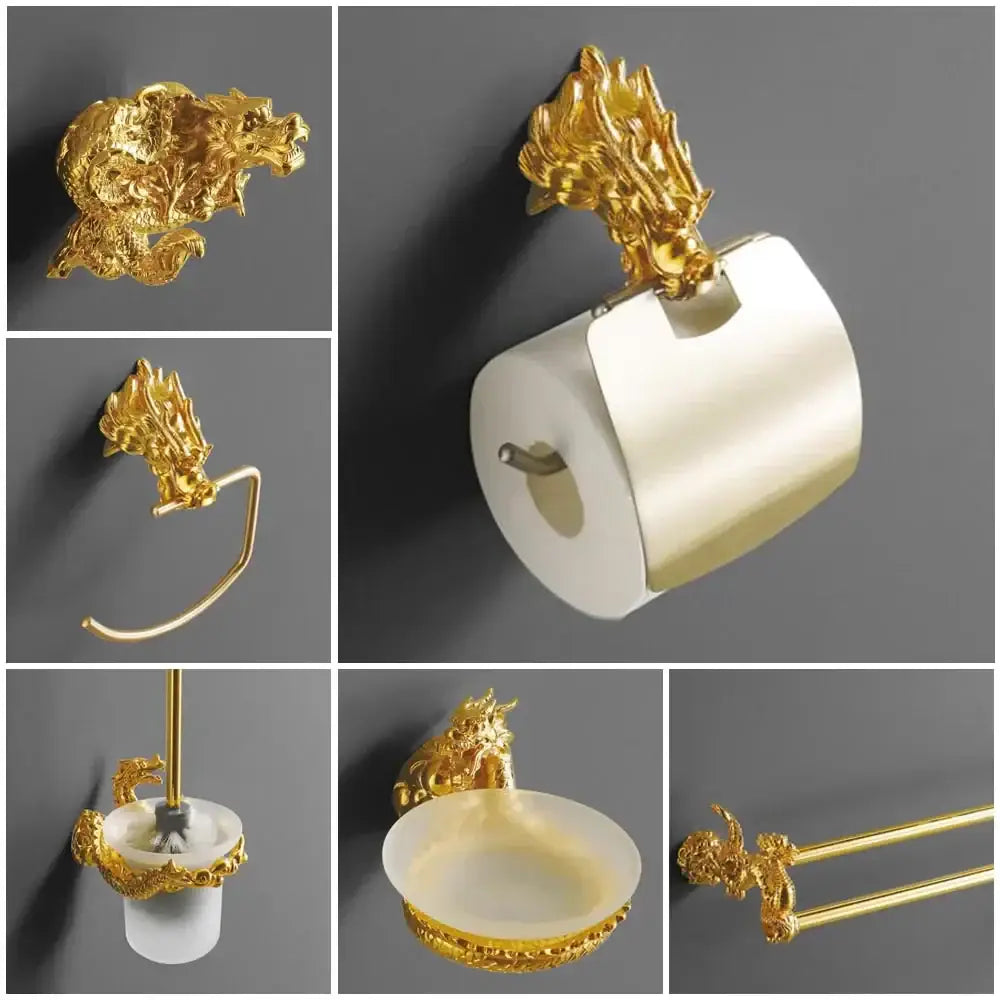 Ornate golden dragon bathroom hardware set with white ceramic