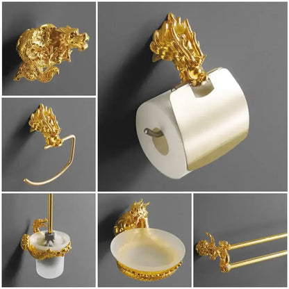 Ornate golden dragon bathroom hardware set with white ceramic
