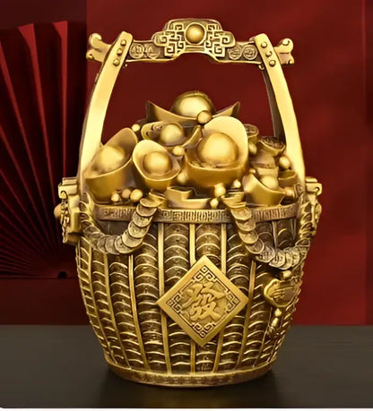 Ornate golden lattice copper treasure bowl money jar living room