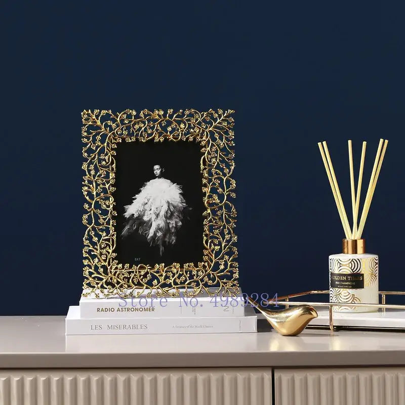 Ornate golden leaves metal photo frame living room decor