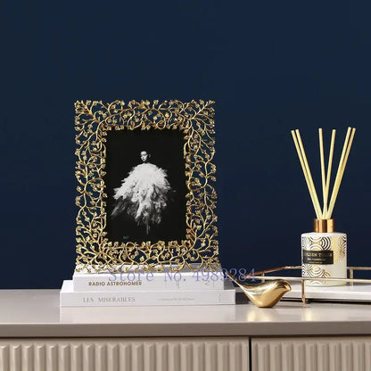 Ornate golden leaves metal photo frame living room decor