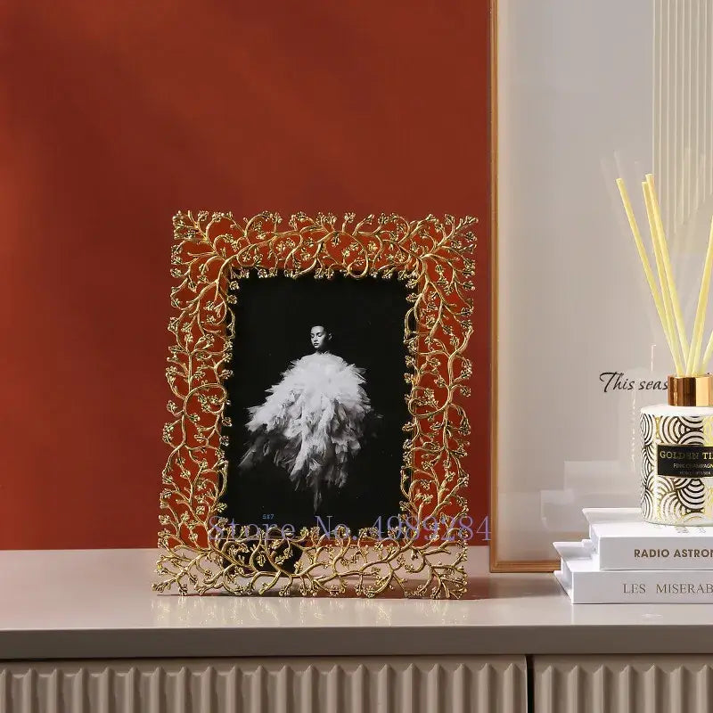 Ornate golden leaves metal photo frame living room decor