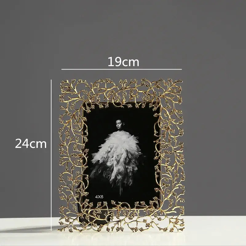 Ornate golden leaves metal photo frame living room decor
