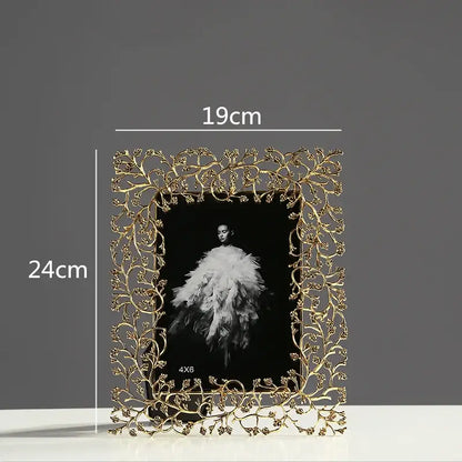 Ornate golden leaves metal photo frame living room decor