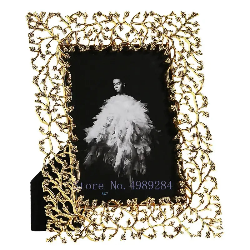 Ornate golden leaves metal photo frame living room decor