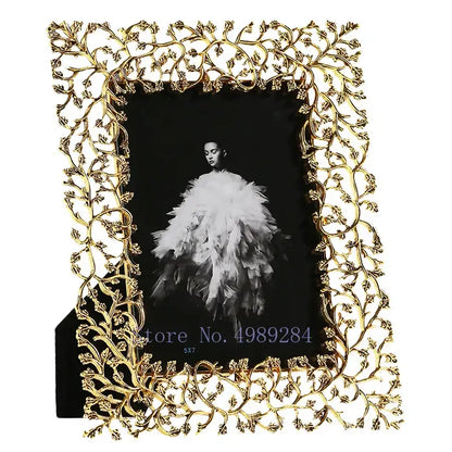 Ornate golden leaves metal photo frame living room decor