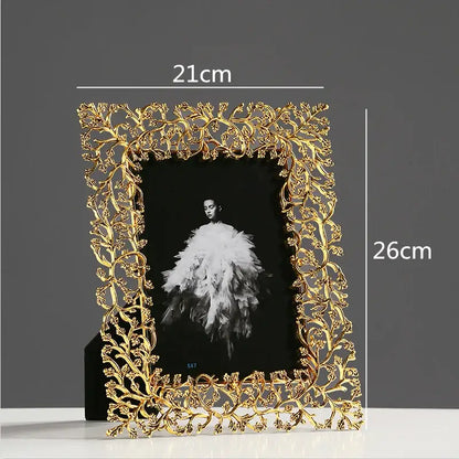 Ornate golden leaves metal photo frame living room decor