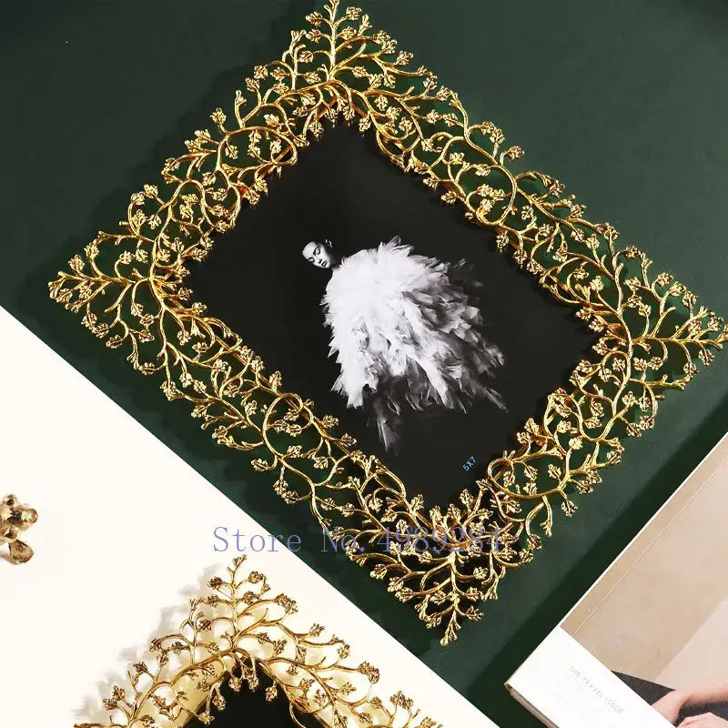 Ornate golden leaves metal photo frame living room decor