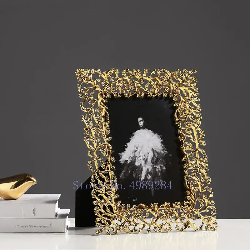 Ornate golden leaves metal photo frame living room decor