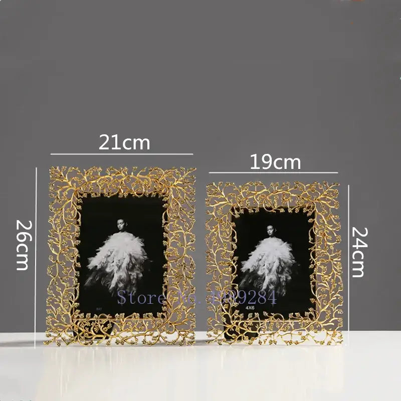 Ornate golden leaves metal photo frame living room decor