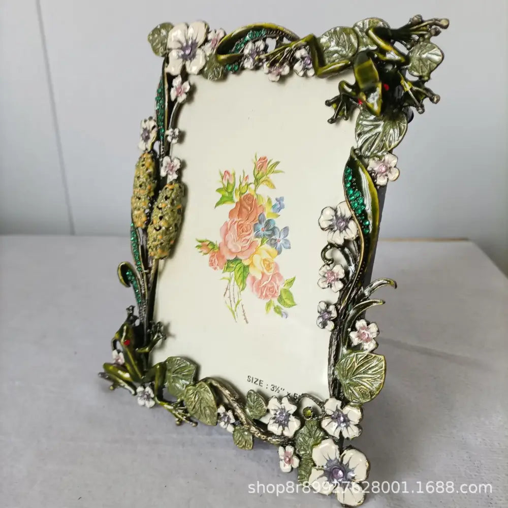 Ornate green & white frog metal photo frame living room decor