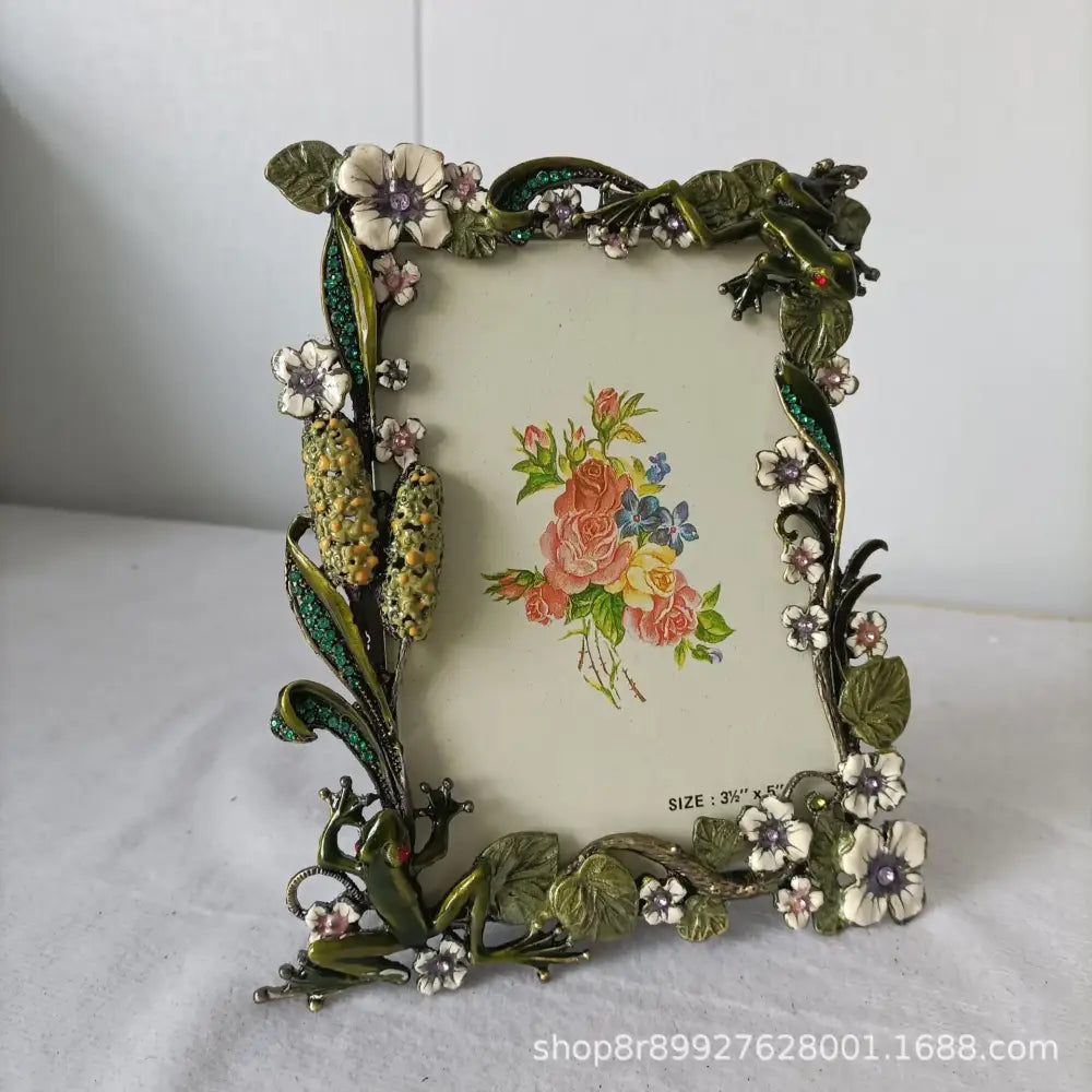 Ornate green & white frog metal photo frame living room decor