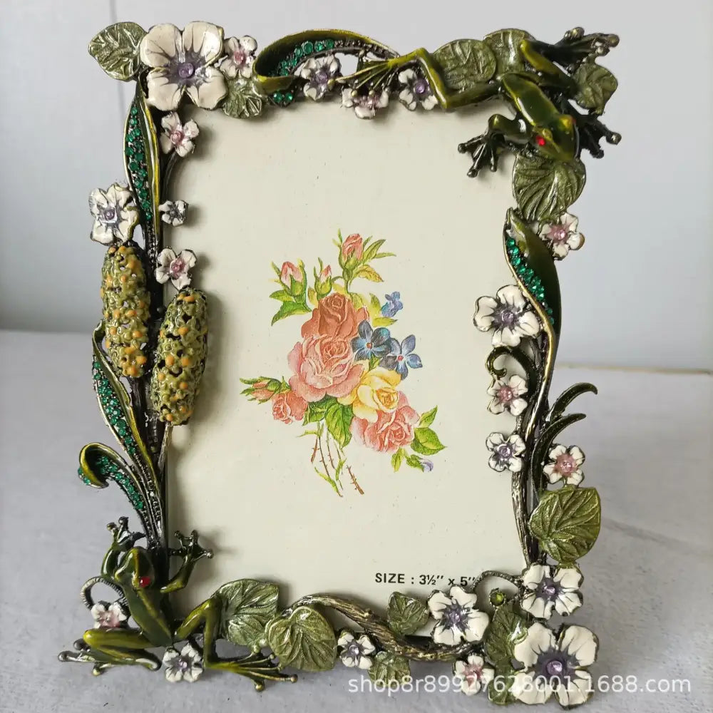 Ornate green & white frog metal photo frame living room decor