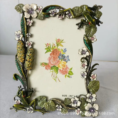Ornate green & white frog metal photo frame living room decor