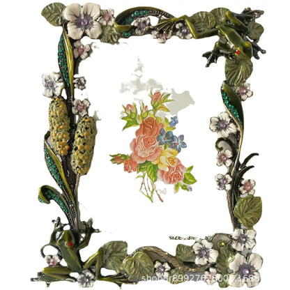 Ornate green & white frog metal photo frame living room decor