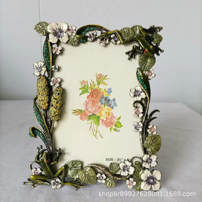 Ornate green & white frog metal photo frame living room decor