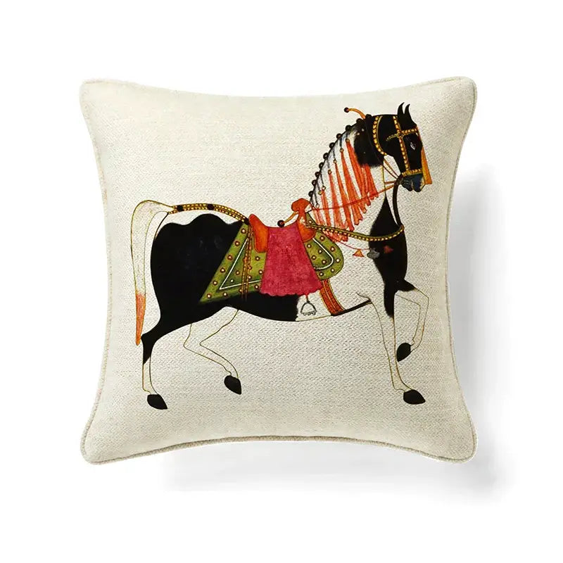 Ornate horse cream linen cushion cover living room pillow