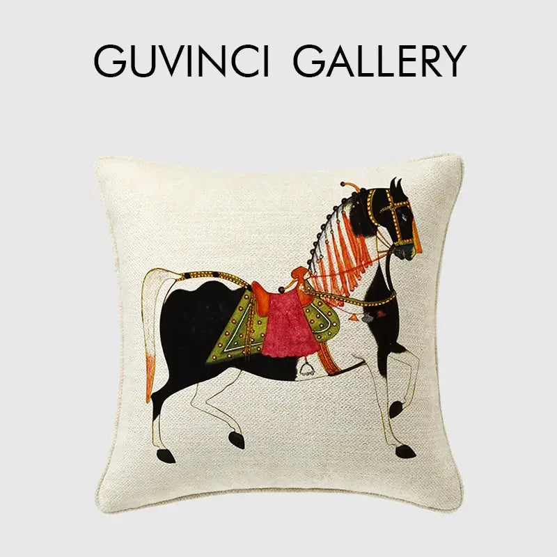 Ornate horse cream linen cushion cover living room pillow