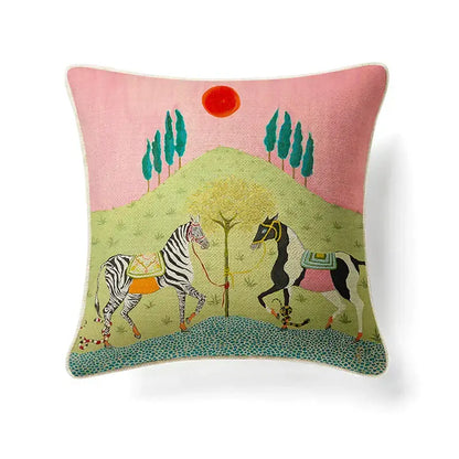 Ornate horse cream linen cushion cover living room pillow