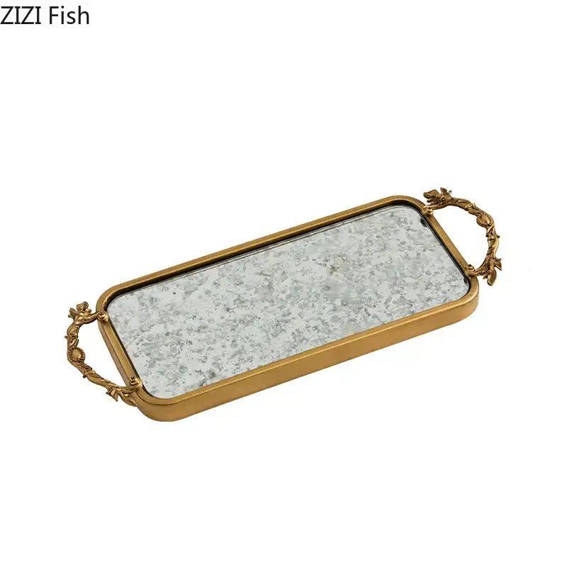 Ornate leaf handle golden mirror glass tray bedroom jewelry organizer