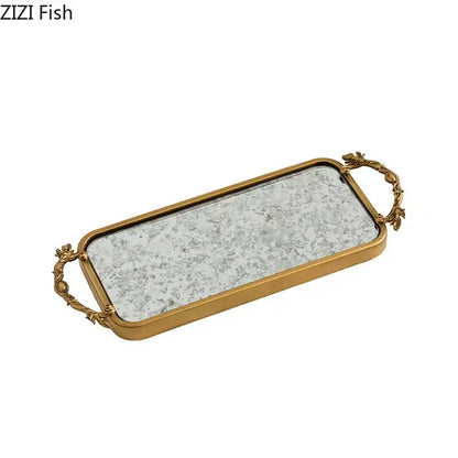 Ornate leaf handle golden mirror glass tray bedroom jewelry organizer