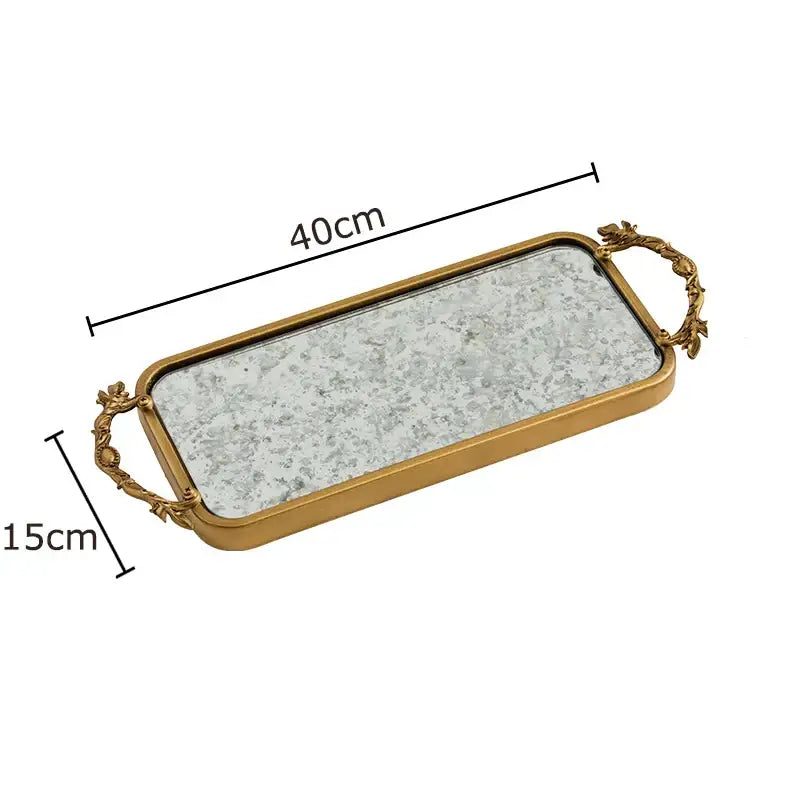 Ornate leaf handle golden mirror glass tray bedroom jewelry organizer