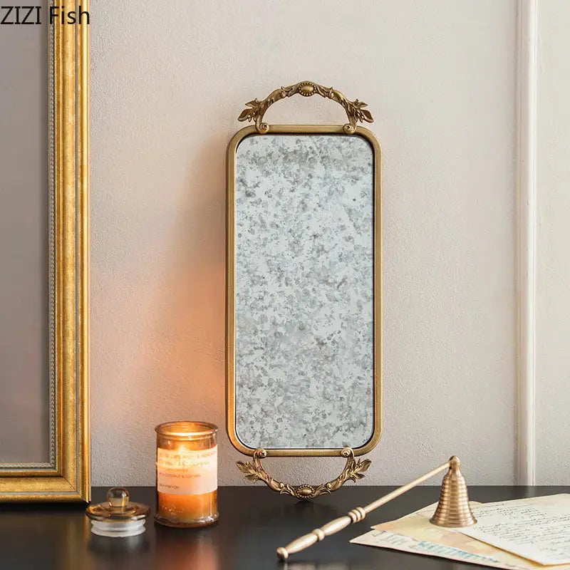 Ornate leaf handle golden mirror glass tray bedroom jewelry organizer