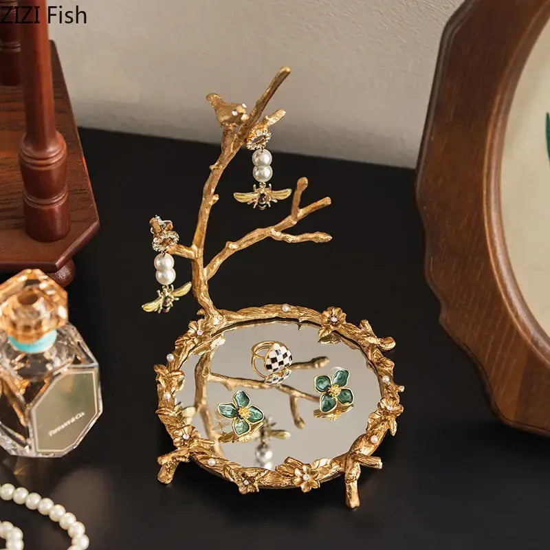 Ornate leaf handle golden mirror glass tray bedroom jewelry organizer