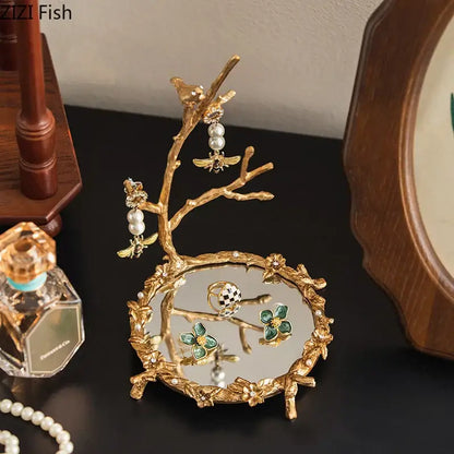 Ornate leaf handle golden mirror glass tray bedroom jewelry organizer