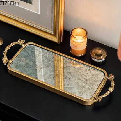 Ornate leaf handle golden mirror glass tray bedroom jewelry organizer