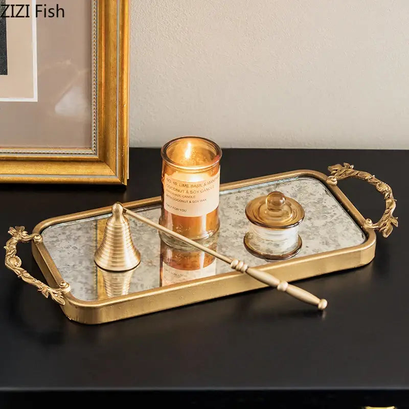 Ornate leaf handle golden mirror glass tray bedroom jewelry organizer