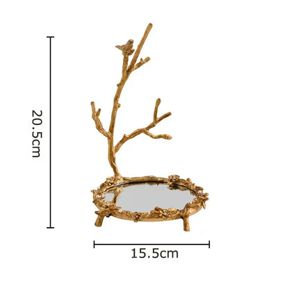 Ornate leaf handle golden mirror glass tray bedroom jewelry organizer