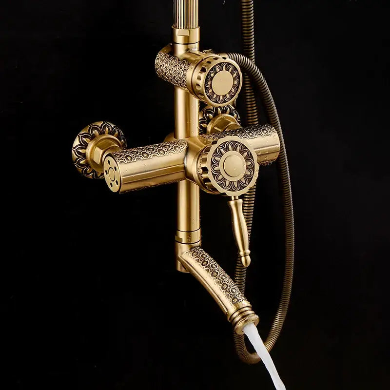 Ornate matte black brass shower faucet set bathroom with handheld