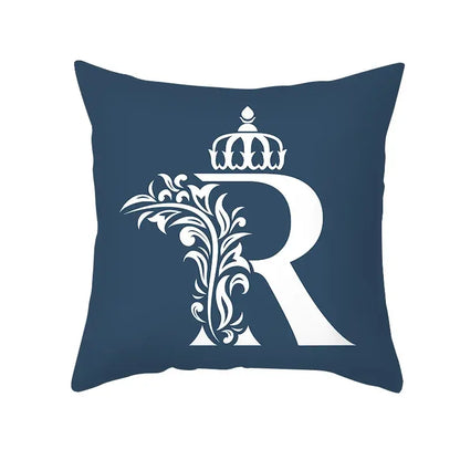 Ornate navy blue letter pillowcase – living room crown cushion cover