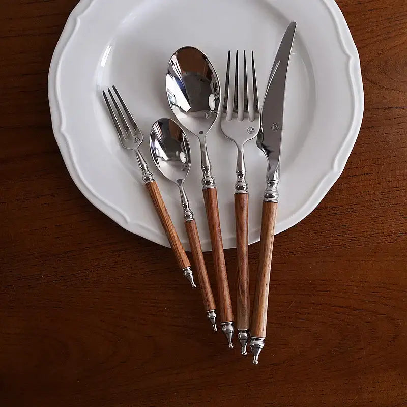 Ornate silver and wood stainless steel tableware set dining room