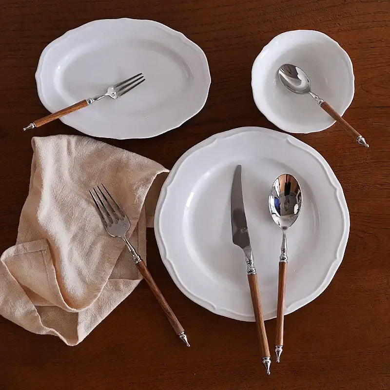 Ornate silver and wood stainless steel tableware set dining room