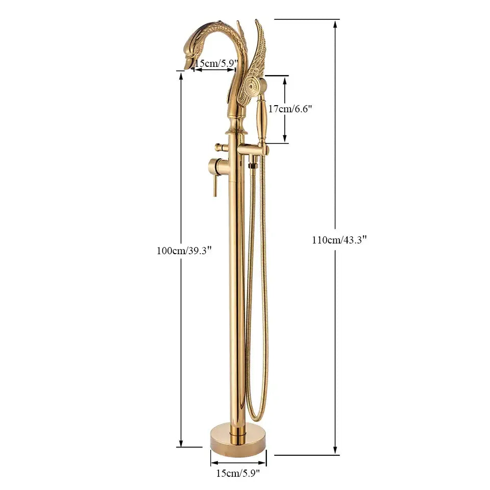 Ornate swan gold bathtub faucet with shower hose for bathroom