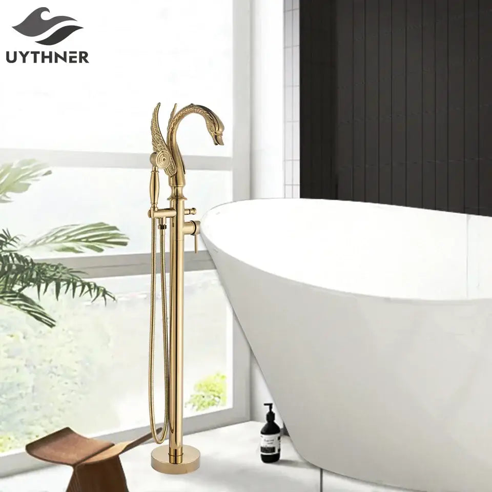 Ornate swan gold bathtub faucet with shower hose for bathroom