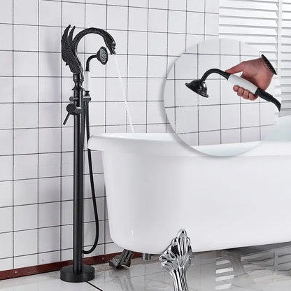 Ornate swan gold bathtub faucet with shower hose for bathroom