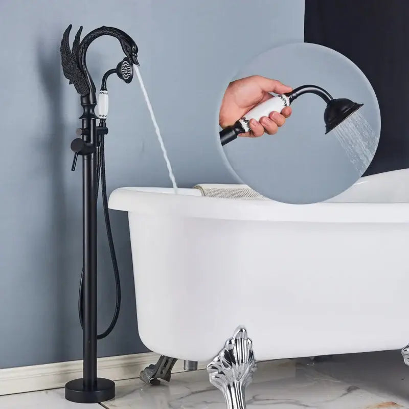 Ornate swan gold bathtub faucet with shower hose for bathroom