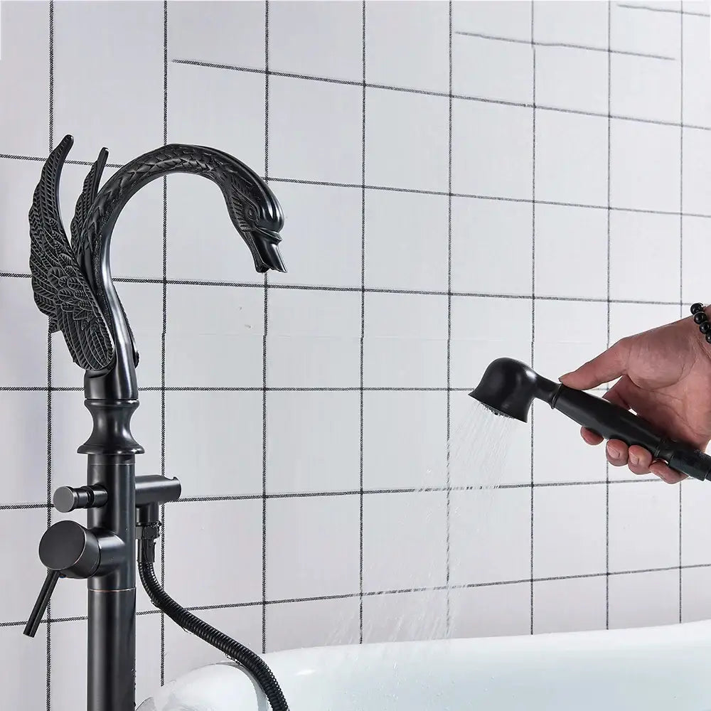 Ornate swan gold bathtub faucet with shower hose for bathroom
