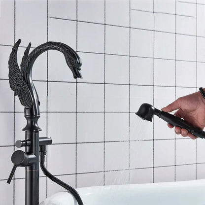 Ornate swan gold bathtub faucet with shower hose for bathroom
