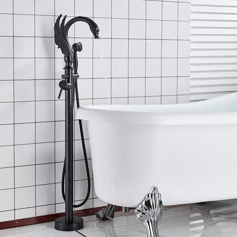 Ornate swan gold bathtub faucet with shower hose for bathroom