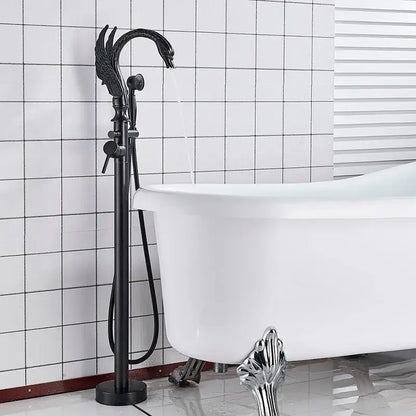 Ornate swan gold bathtub faucet with shower hose for bathroom