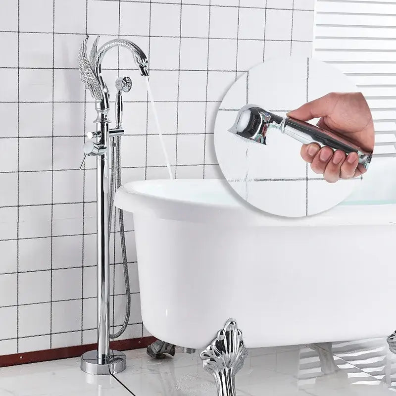 Ornate swan gold bathtub faucet with shower hose for bathroom