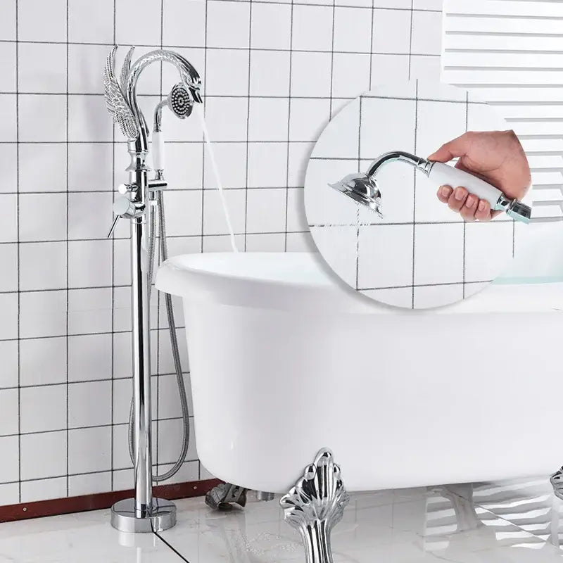 Ornate swan gold bathtub faucet with shower hose for bathroom