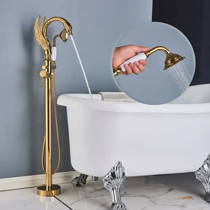 Ornate swan gold bathtub faucet with shower hose for bathroom
