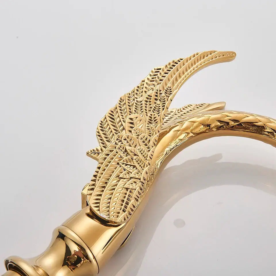 Ornate swan gold bathtub faucet with shower hose for bathroom