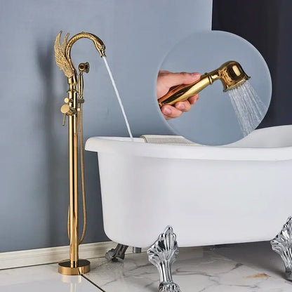 Ornate swan gold bathtub faucet with shower hose for bathroom