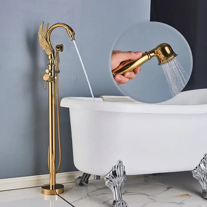 Ornate swan gold bathtub faucet with shower hose for bathroom